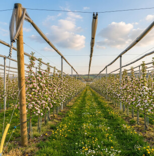 Ovocný sad s řadami stromů na farmě Le Šnek