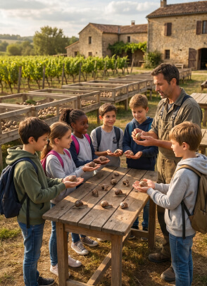Školní skupina na exkurzi na farmě Le Šnek